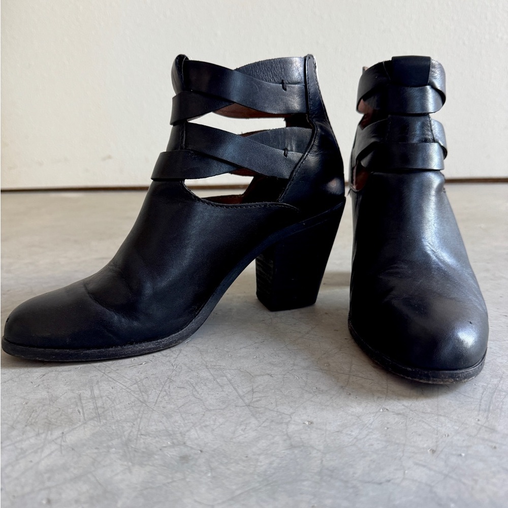 Frye Black Braided Strappy Heeled Bootie